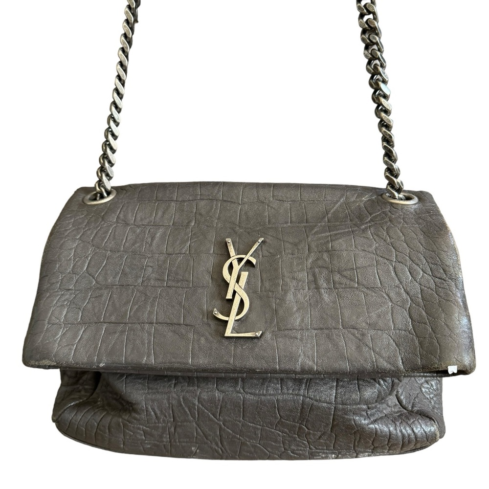 100% Authentic Yves Saint Laurent Grey Croc Embossed Leather Monogram Medium Bag